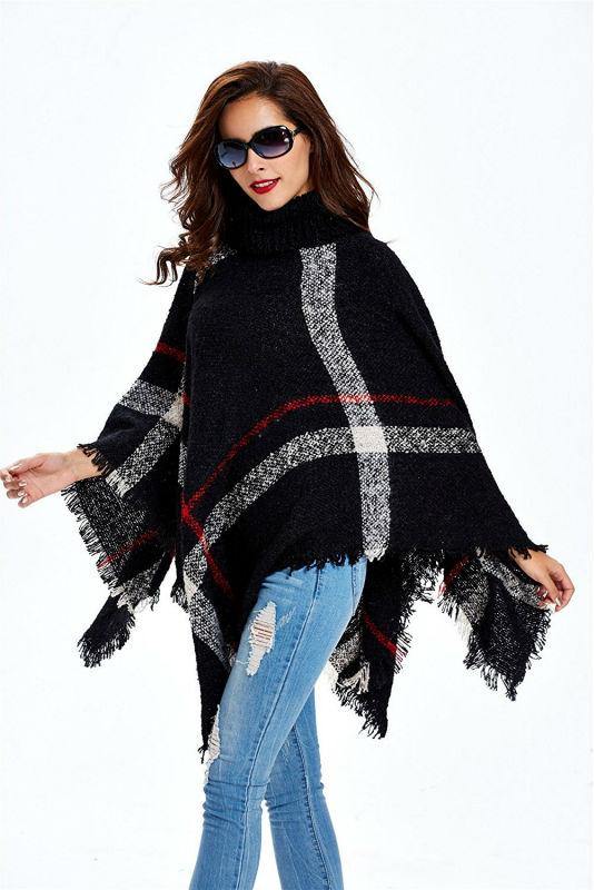 Plaid Turtleneck Poncho Sweater - GG Classy Boutique 