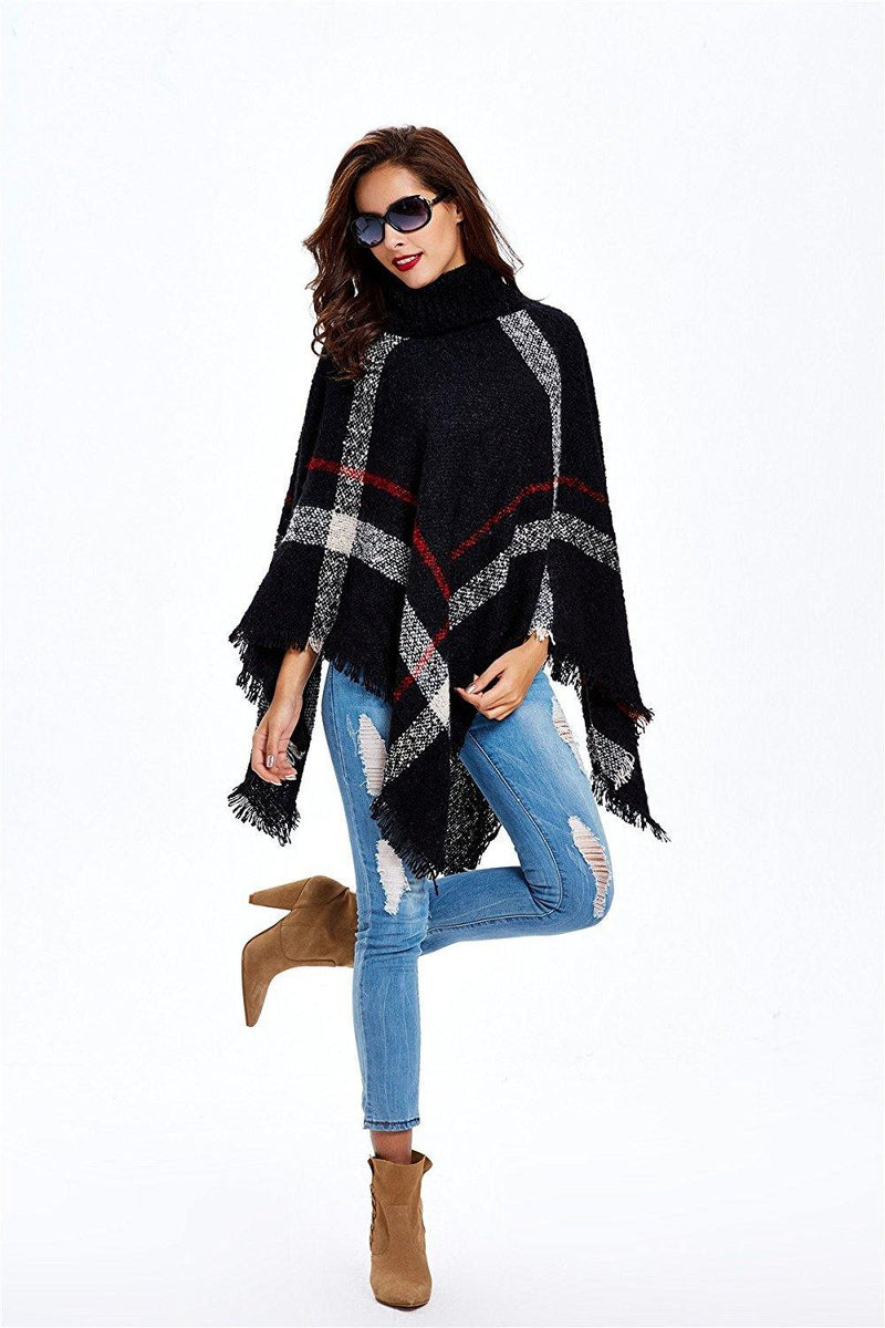 Plaid Turtleneck Poncho Sweater - GG Classy Boutique 